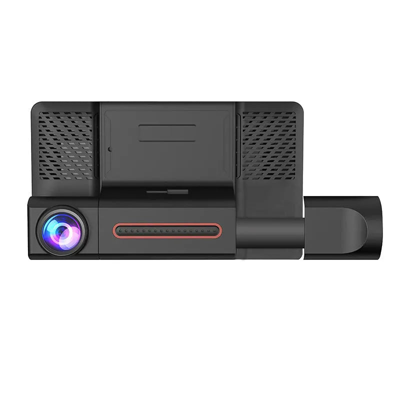 Black three lens dashcam with 4 inch front and rear screen for vehicle monitoring