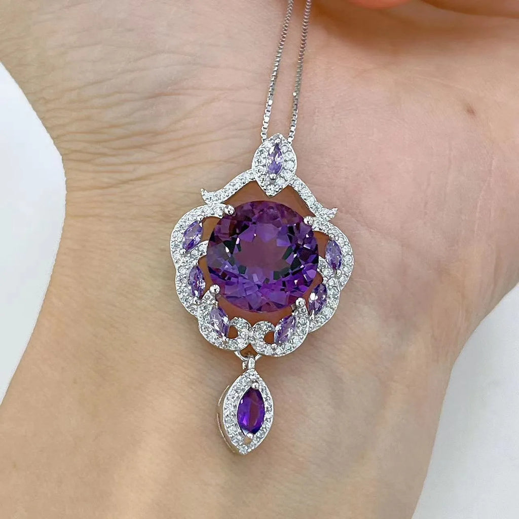 Purple amethyst silver pendant with platinum plating and meteor shower pattern on U-shaped jewellery