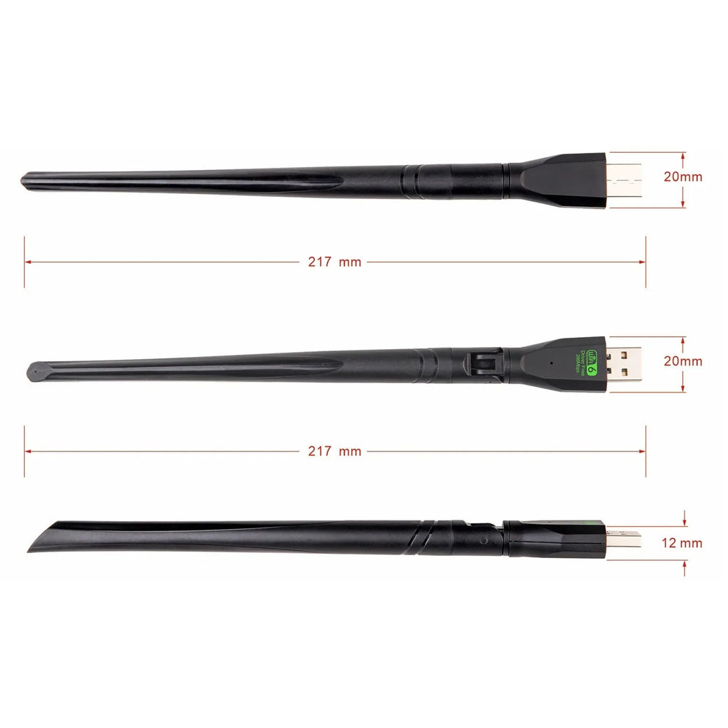 Black USB WiFi 6 wireless network adapter for driver-free PC and laptop connectivity.