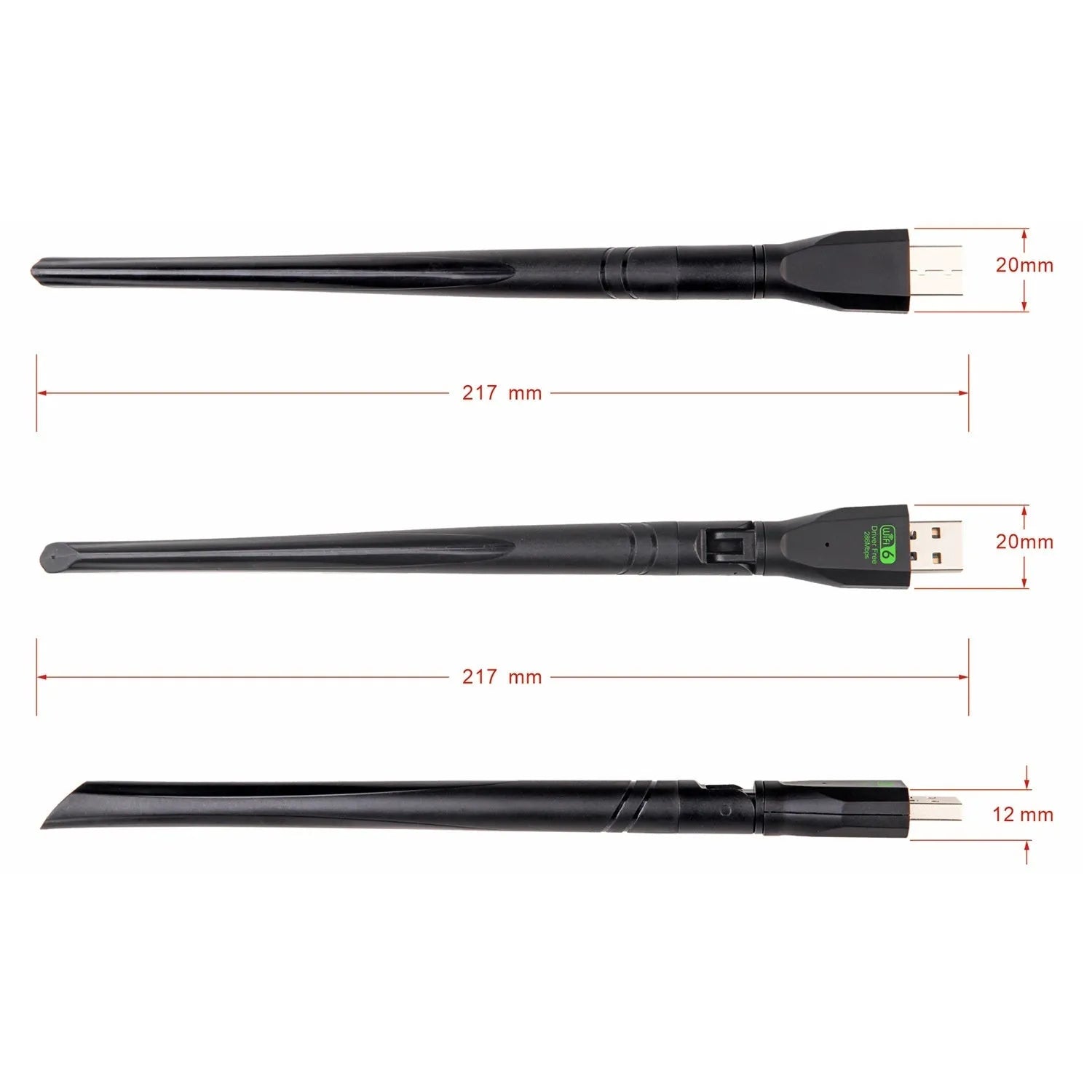 Black USB WiFi 6 wireless network adapter for driver-free PC and laptop connectivity.