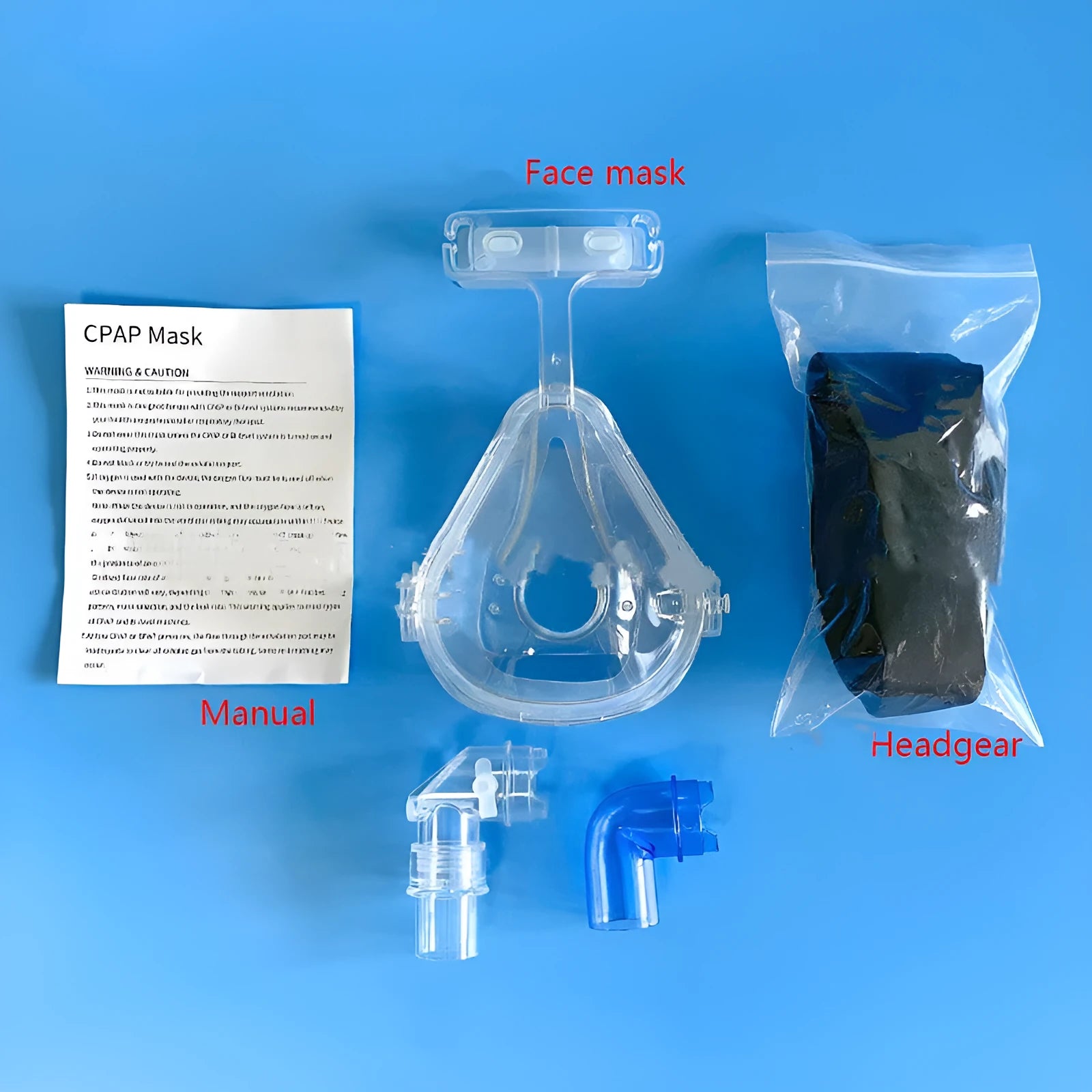 Transparent silicone CPAP breathing mask with headband and PC elbow adapters on a white background.