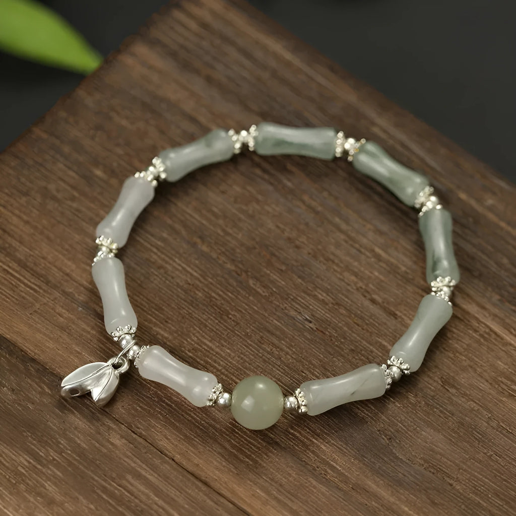 Antique sterling silver bracelet with natural Tianshan green bamboo segments for women