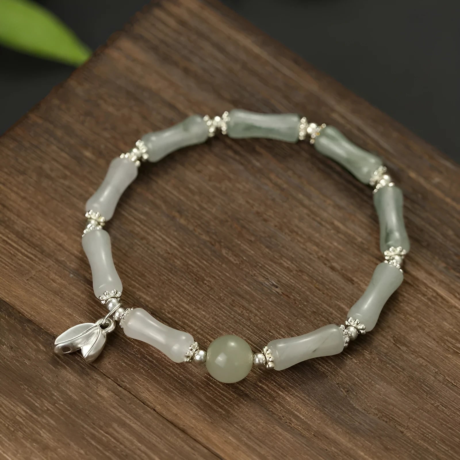 Antique sterling silver bracelet with natural Tianshan green bamboo segments for women