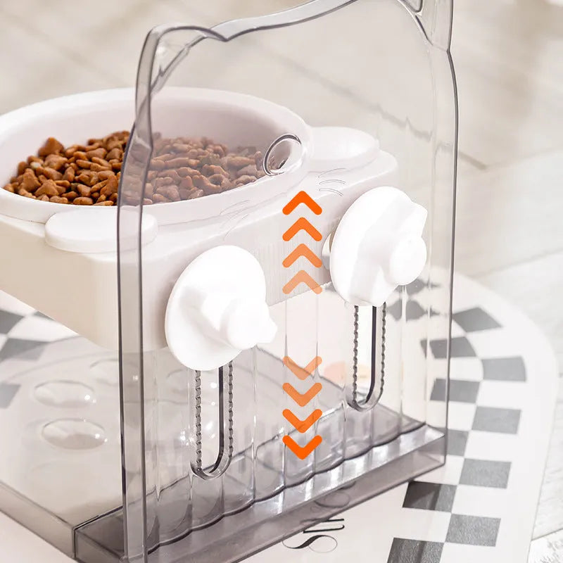 Grey cat bowl with anti-spill cat ear edges and removable hanging cage attachment for pet enclosures