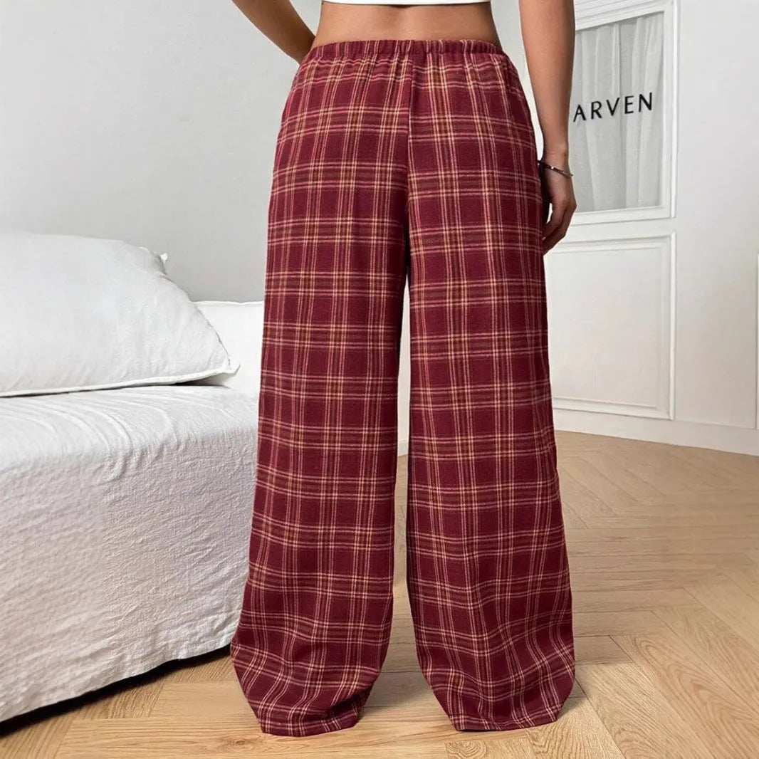 Women's loose fit casual trousers with drawstring waist and plaid pockets in polyester fabric
