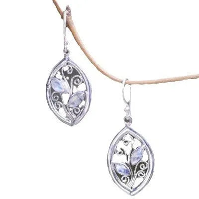 Silver leaf-shaped women's earrings with embedded colourful moonstone gemstones