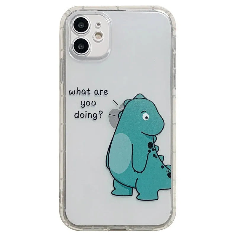 Transparent iPhone case with green dinosaur design and airbag anti-fall protection