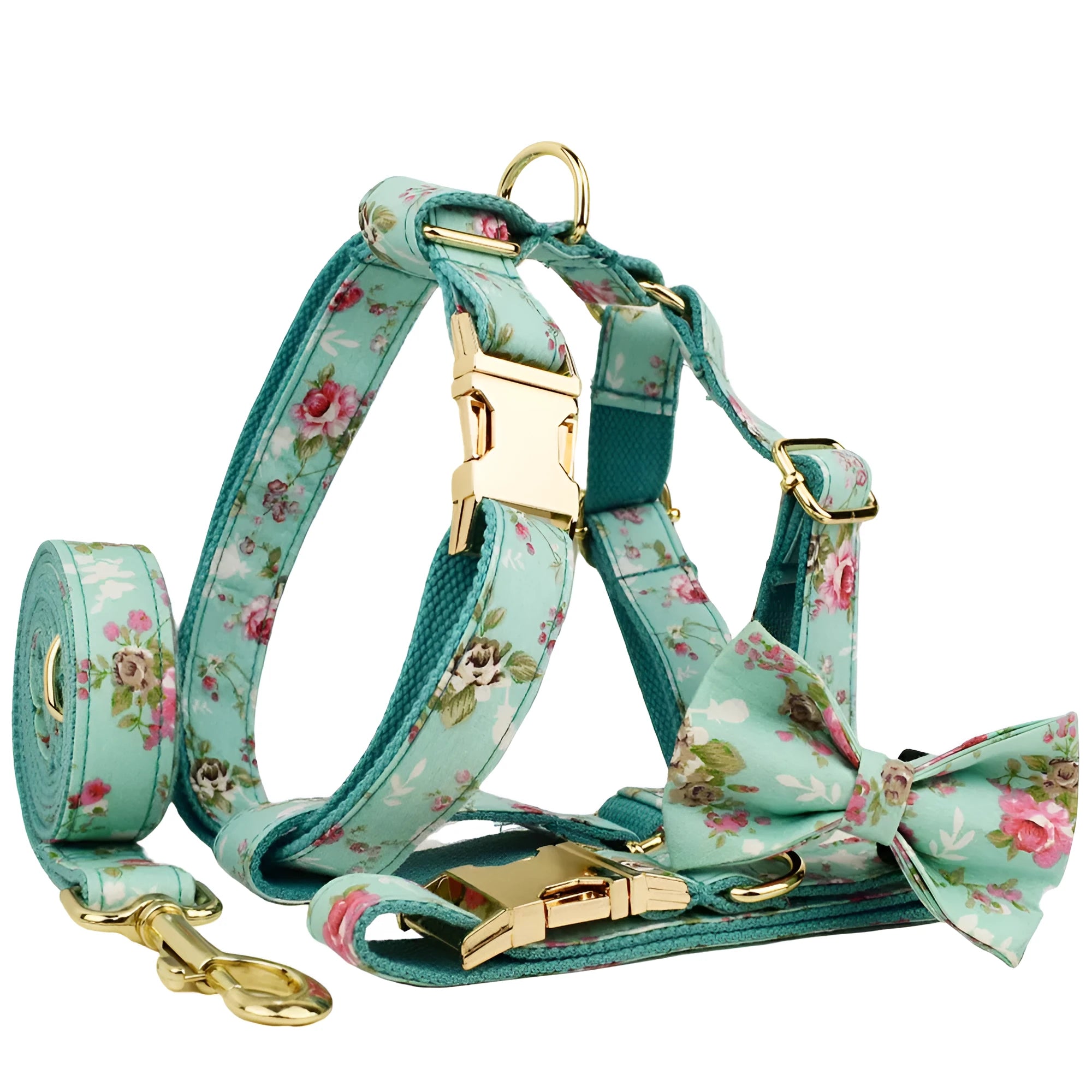 Rose floral pattern dog collar and leash set with green background, detachable bow, and matching dog vest