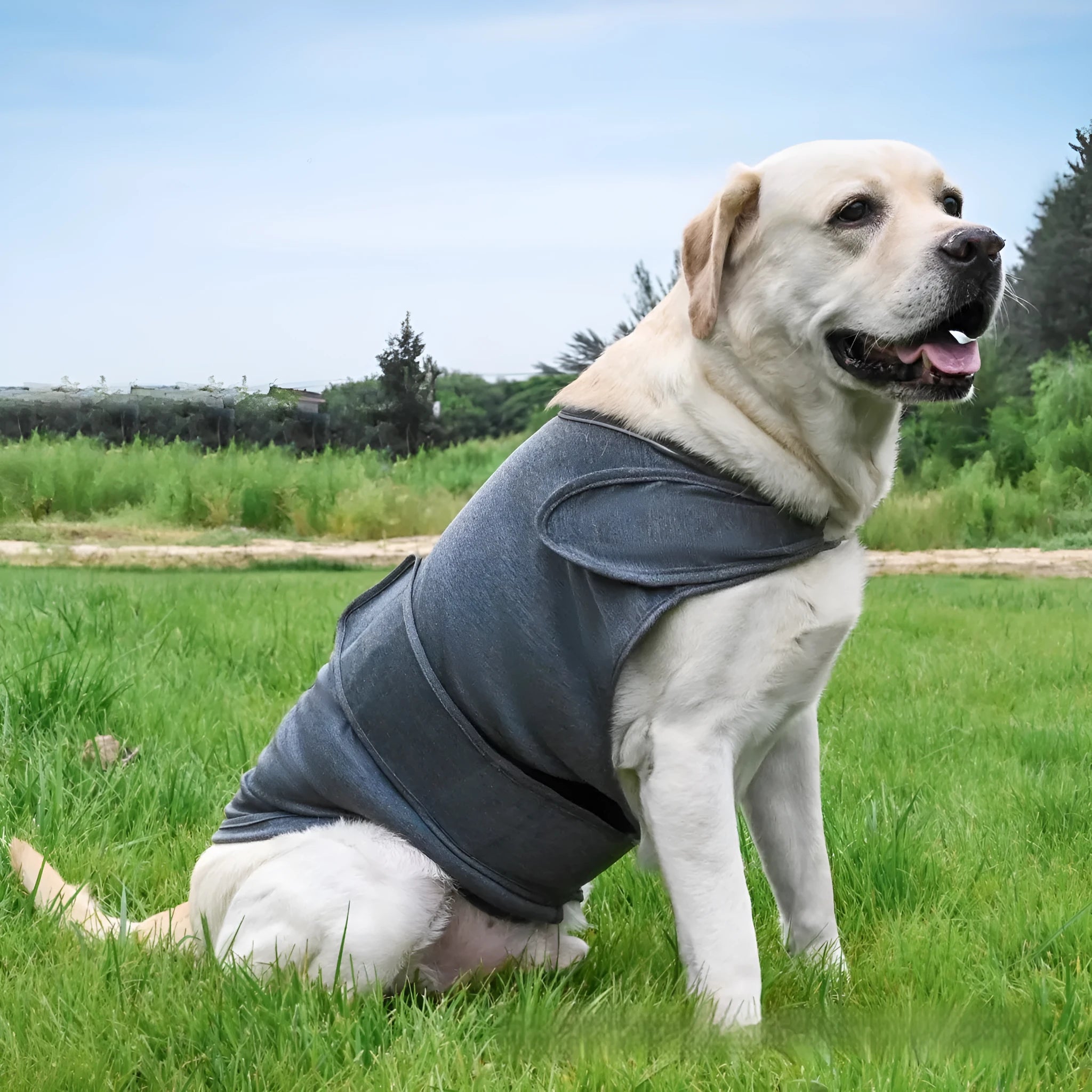 A brown dog wearing a casual brocade cotton tank top for soothing comfort.