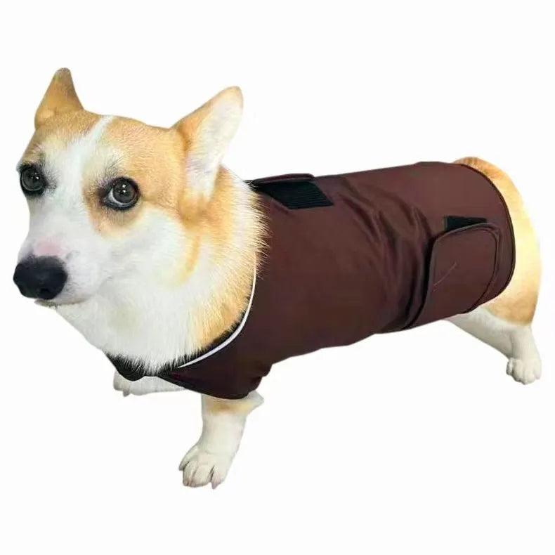 A brown dog wearing a casual brocade cotton tank top for soothing comfort.