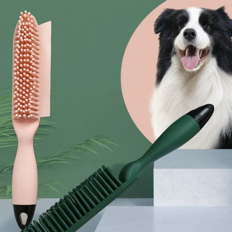 Green silicone pet brush with removable hair collector for grooming dogs, cats, and removing hair from clothes.