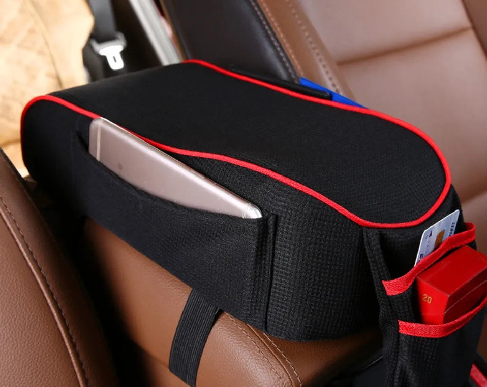 Central armrest box in synthetic fiber with polyester surface, available in black with red colour option, for car centre console storage