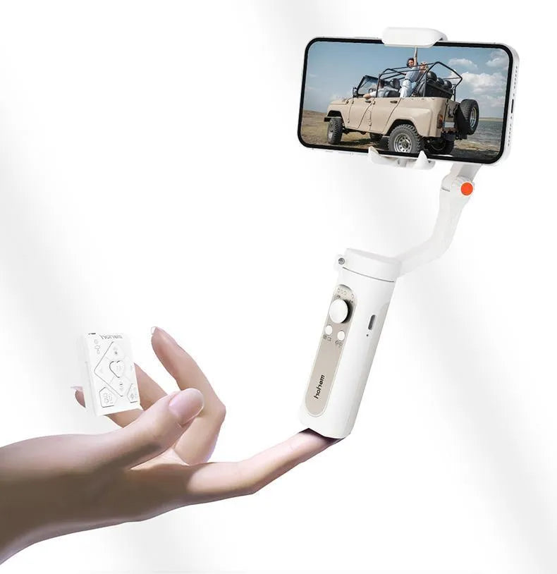 Black 3-axis mobile phone gimbal stabiliser shown in folded position