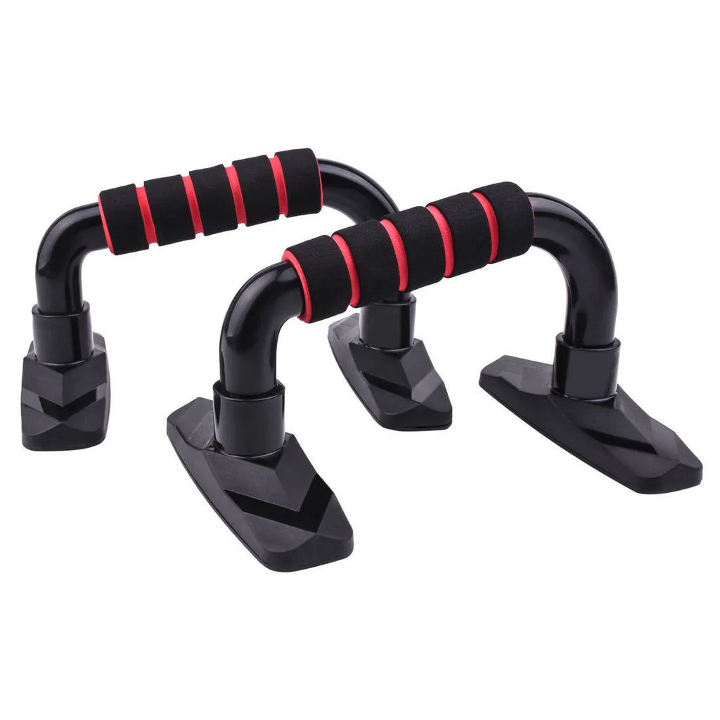 Set of two I-shaped black push up bars with PP sponge padding for strength training.