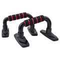 Set of two I-shaped black push up bars with PP sponge padding for strength training.