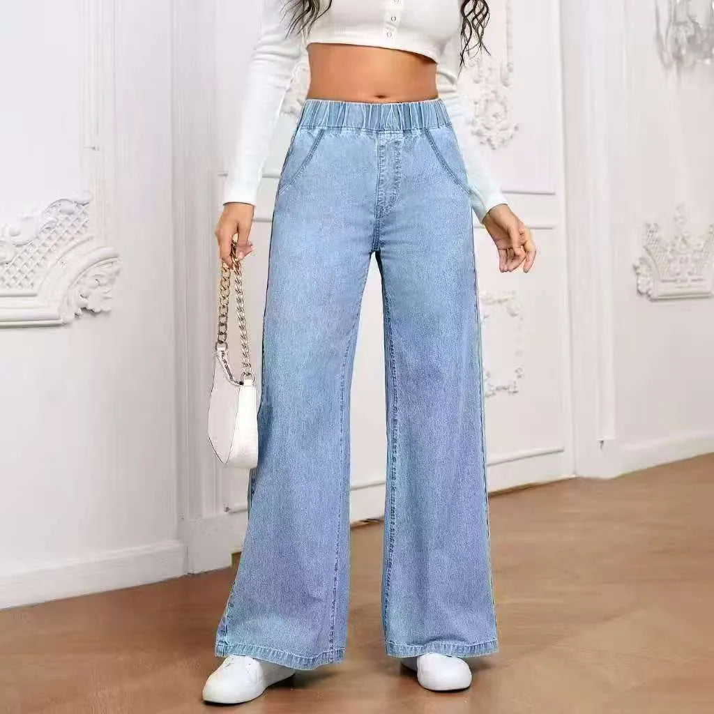 Light blue washed wide-leg denim jeans on a hanger, showing straight leg and mid waist design.