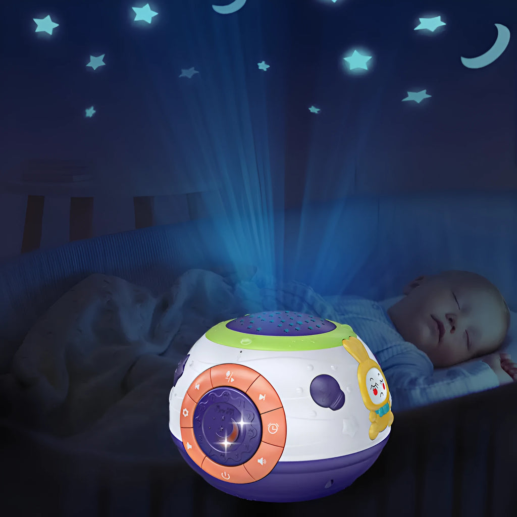 White starry sky night light projector for children with colour-changing lights and sound functions