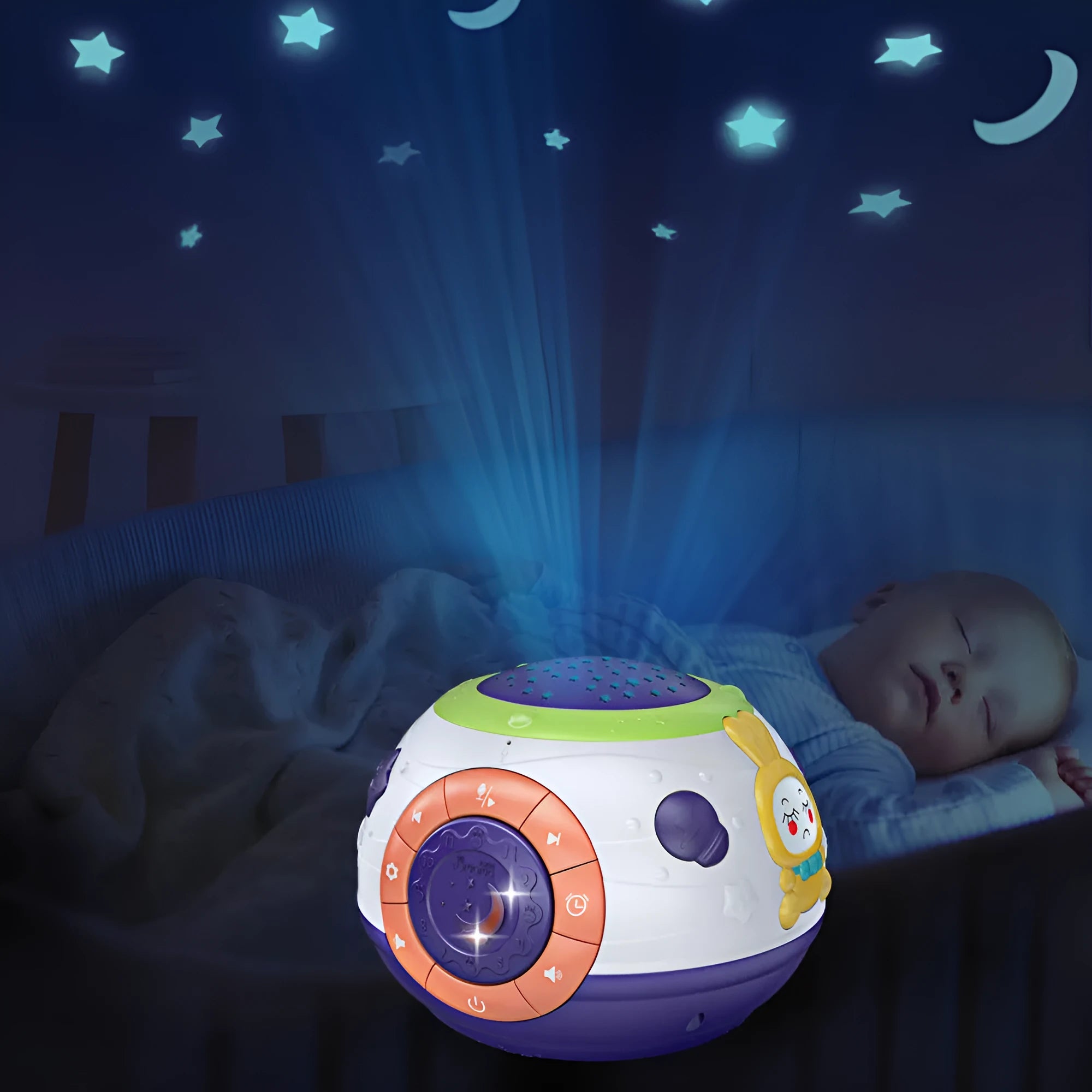 White starry sky night light projector for children with colour-changing lights and sound functions