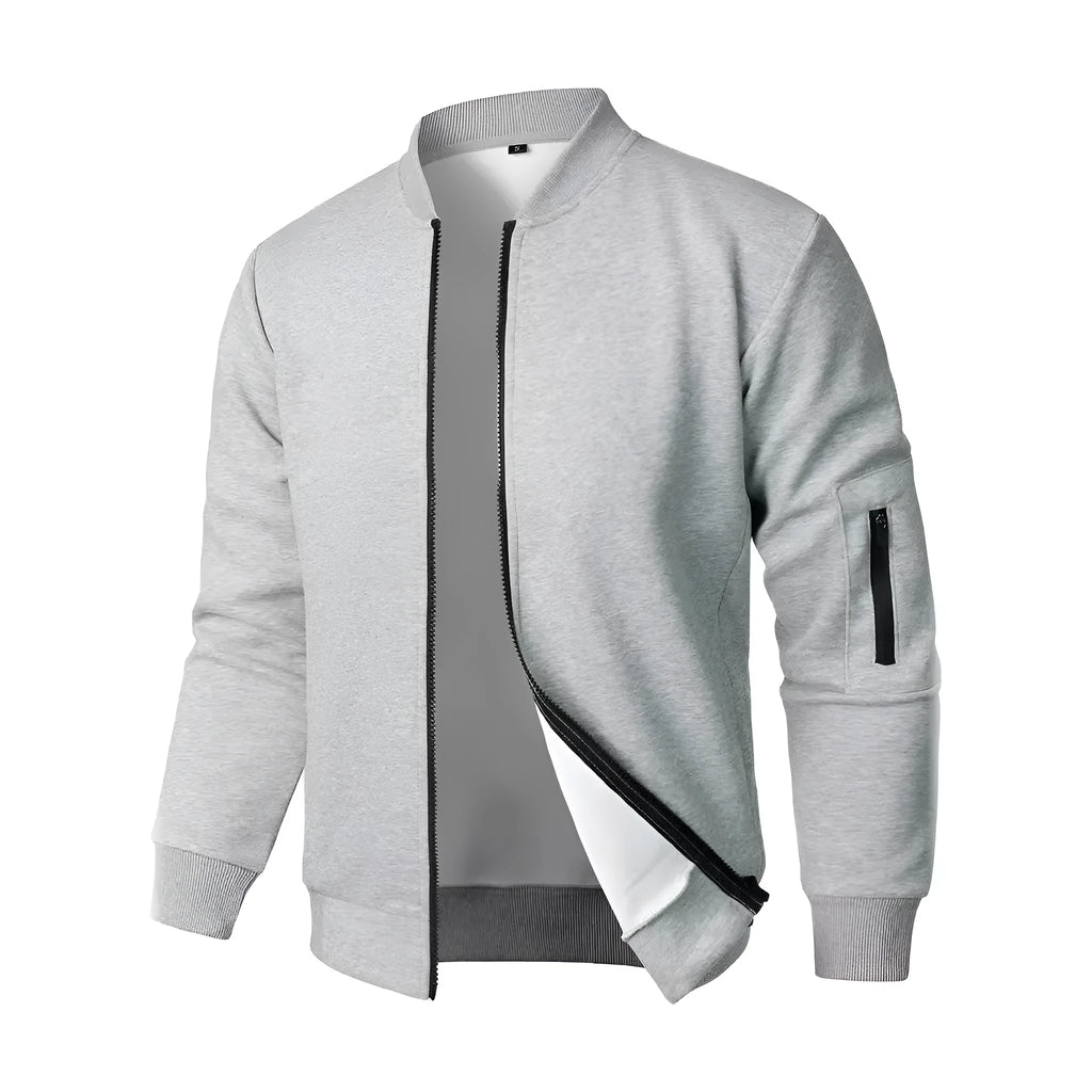Men's loose fit knitted jacket in grey, showing long sleeves and light business style.