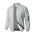 Men's loose fit knitted jacket in grey, showing long sleeves and light business style.
