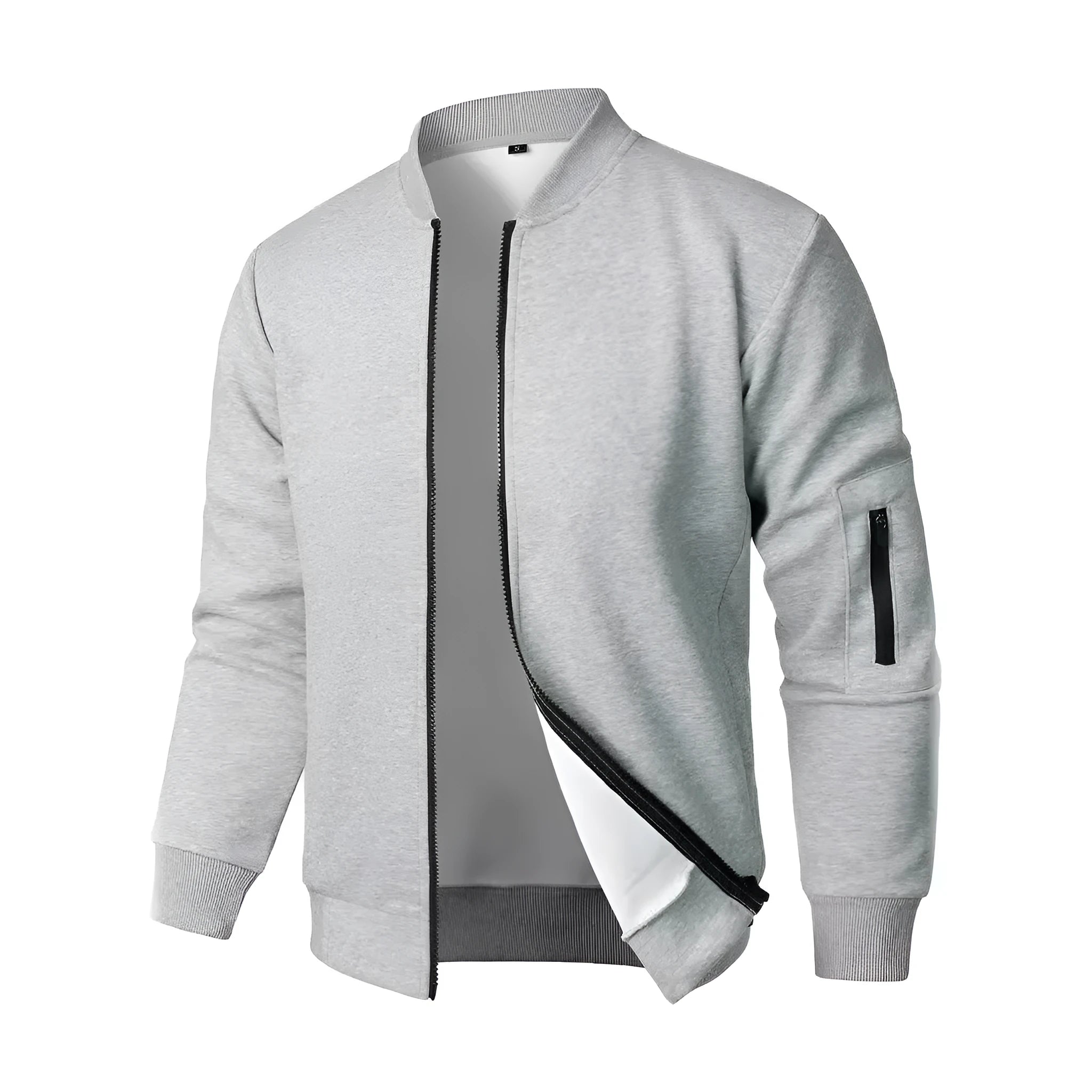 Men's loose fit knitted jacket in grey, showing long sleeves and light business style.