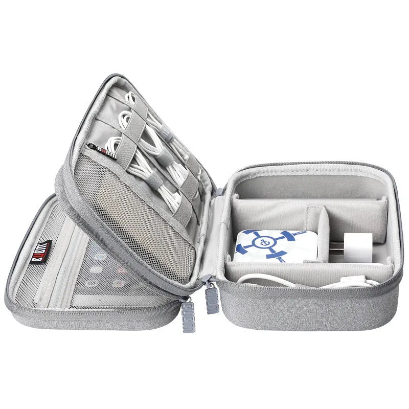 Black and grey EVA digital storage bag for headphones and accessories, showing single and double layer options