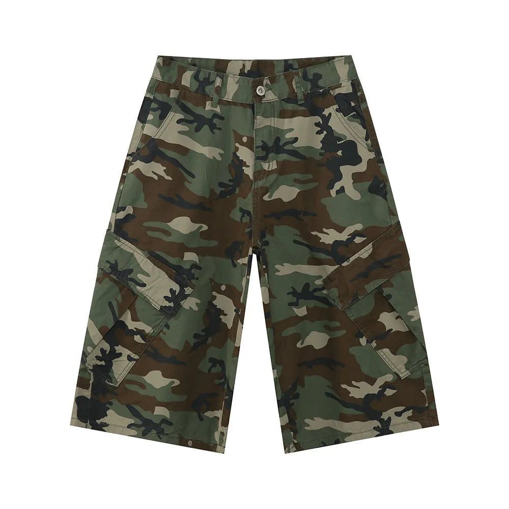Men's camouflage cotton trousers with wide leg loose fit and American side stitching detail