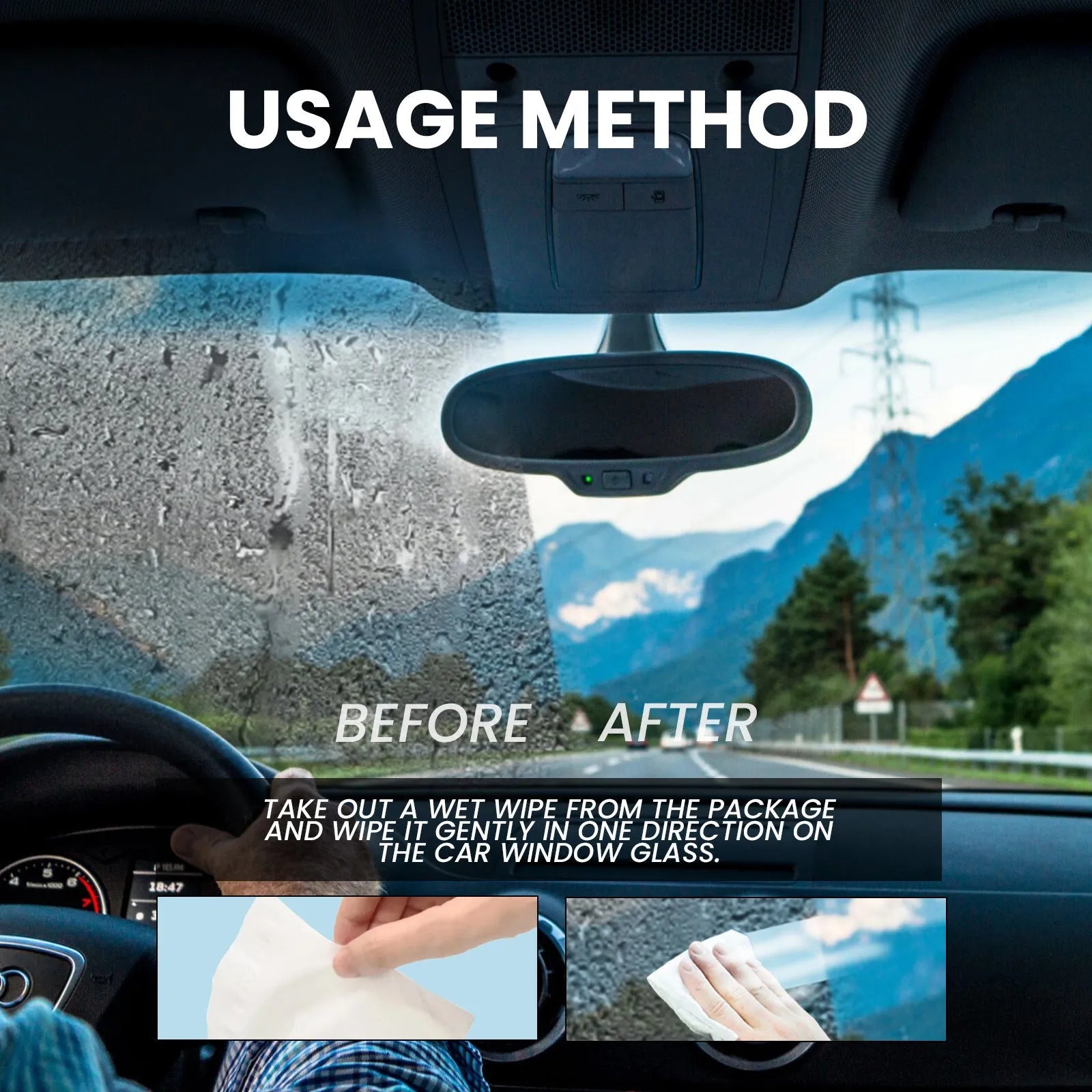 Pack of 40 car anti-fog rain treatment wipes on non-woven fabric