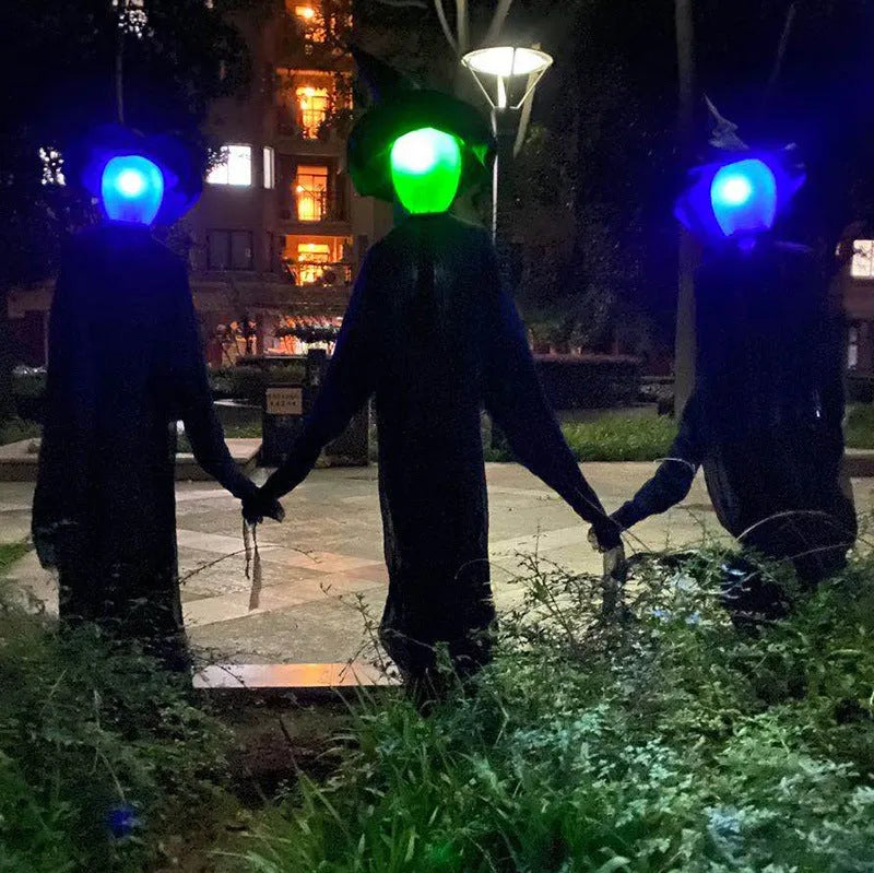 Inflatable Halloween ghost with red flashing eyes and multiple tube lengths for hanging setup