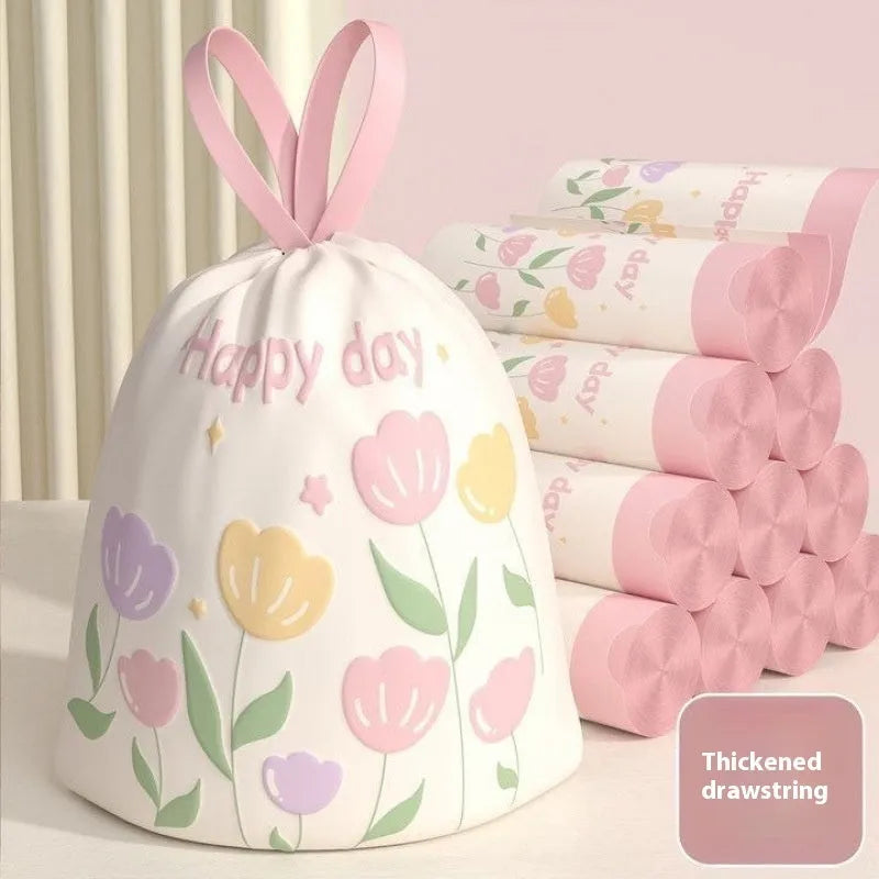 Pink degradable drawstring garbage bags with argy wormwood mosquito repellent.
