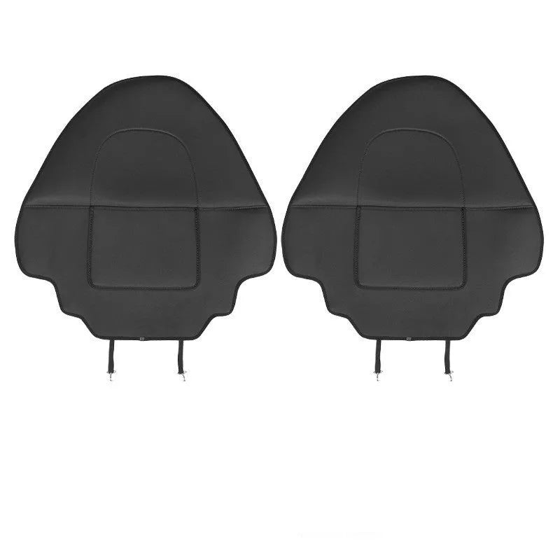 Black leather rear anti kick pad for car seat protection with a pocket.