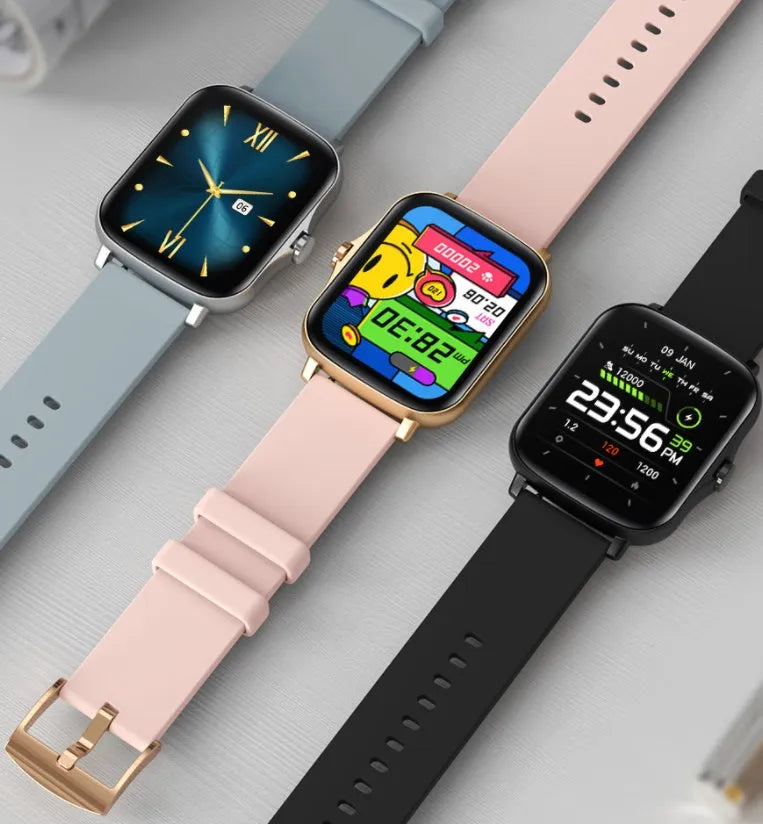 Black smart sports watch with colour touch screen on adjustable strap, showing heart rate data.