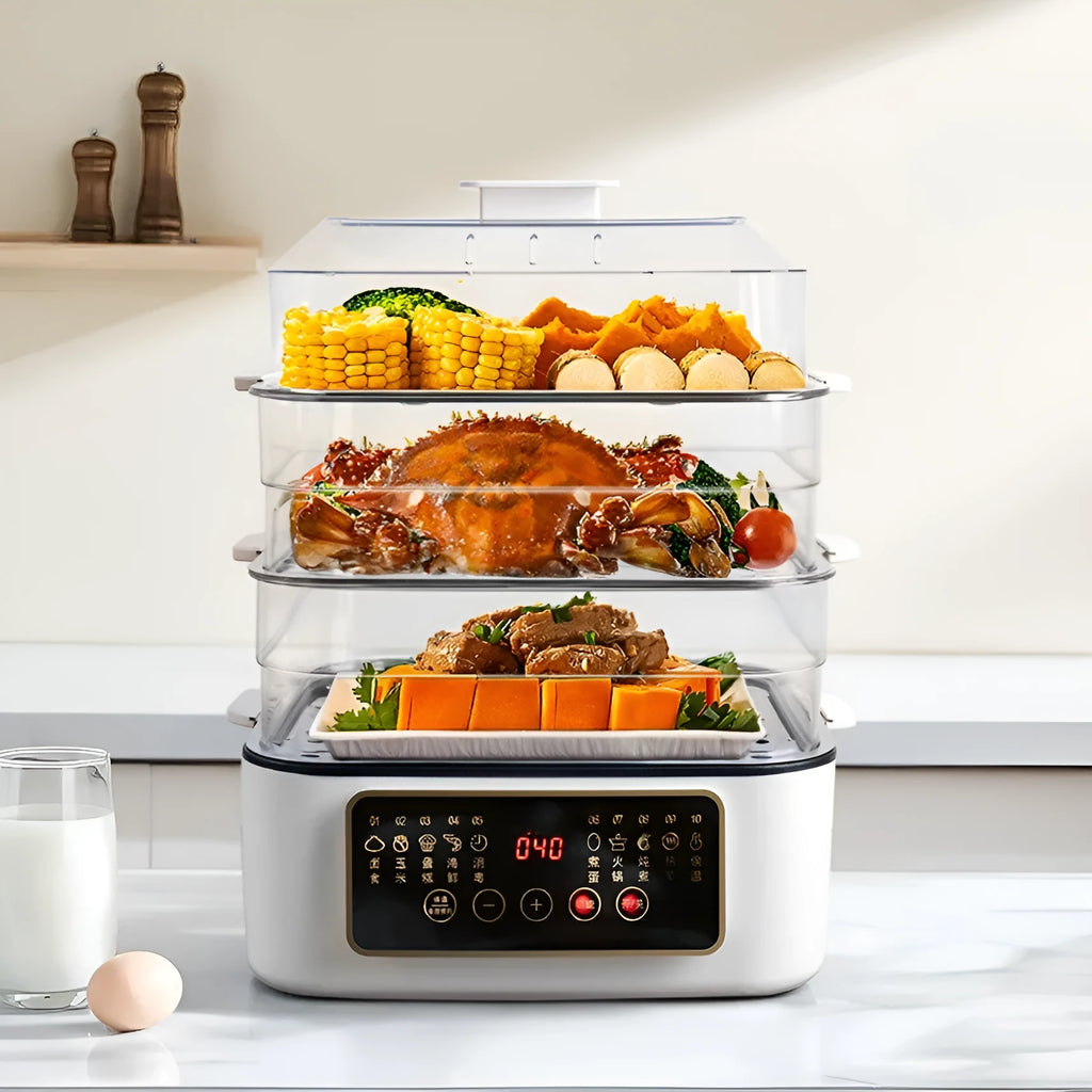 28-litre electric food steamer with stainless steel rack and automatic measuring function