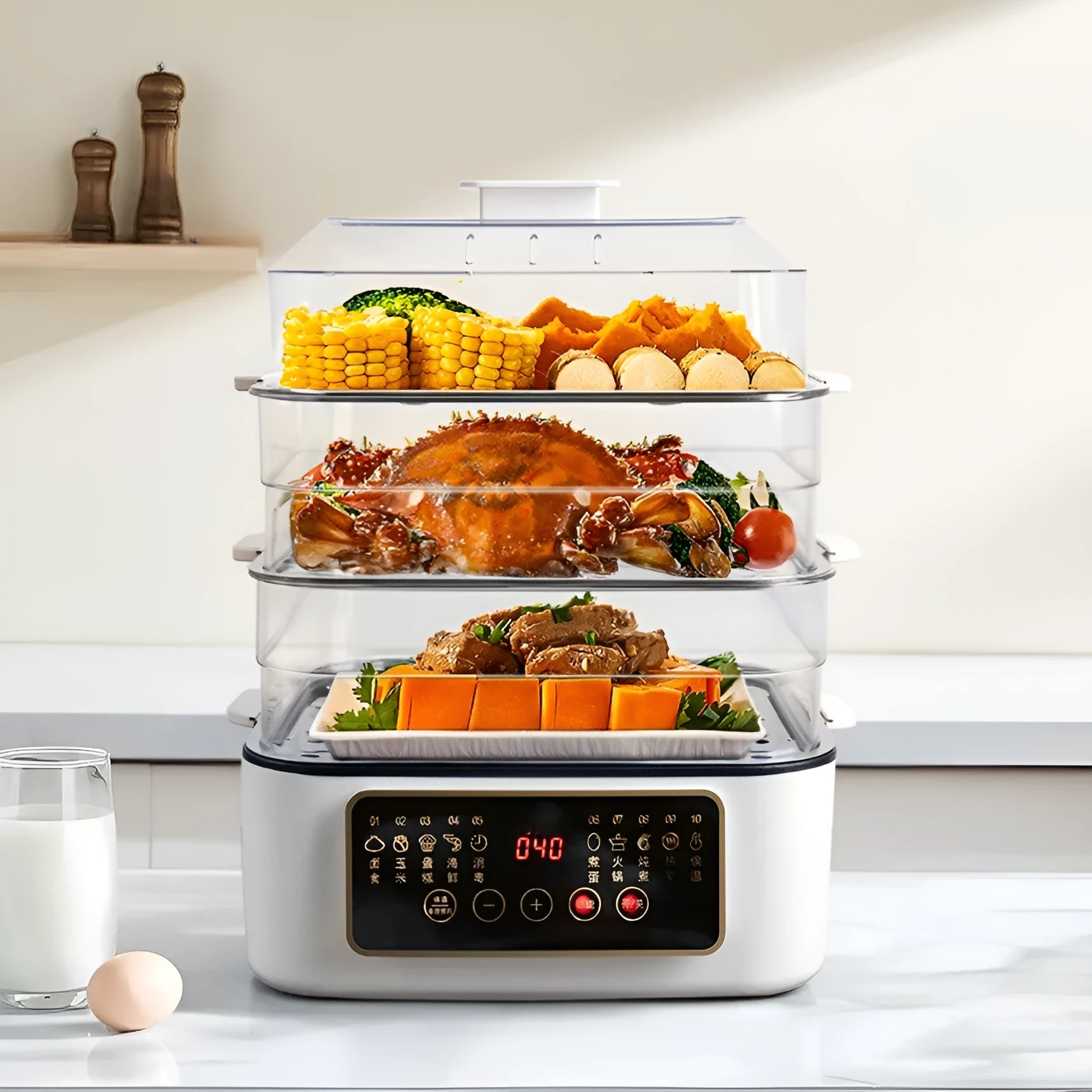 28-litre electric food steamer with stainless steel rack and automatic measuring function