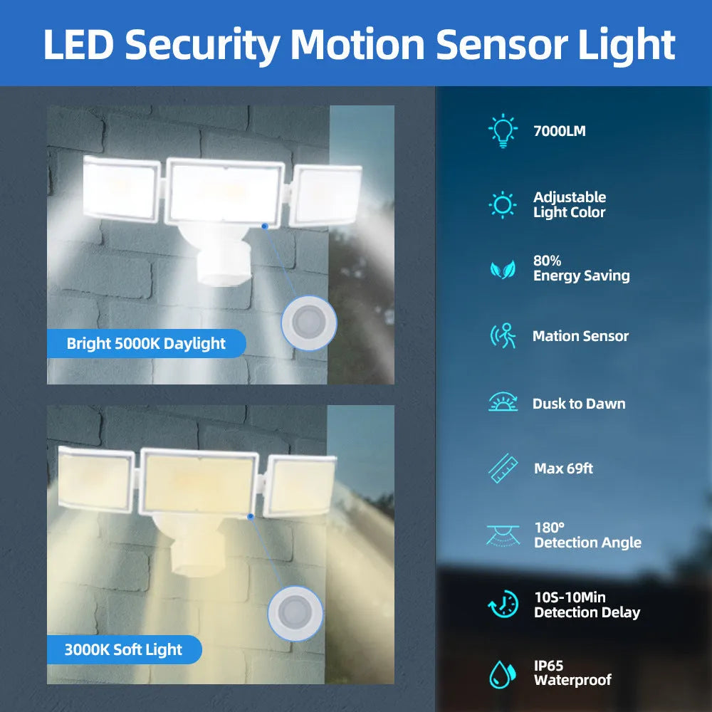 White LED security flood light with motion sensor mounted on an outdoor wall.