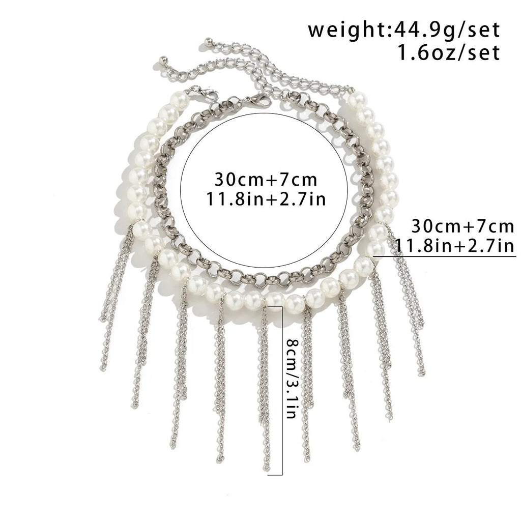 Women's double-layer retro necklace with white K electroplated finish, iron pendant, and imitation pearl tassel design