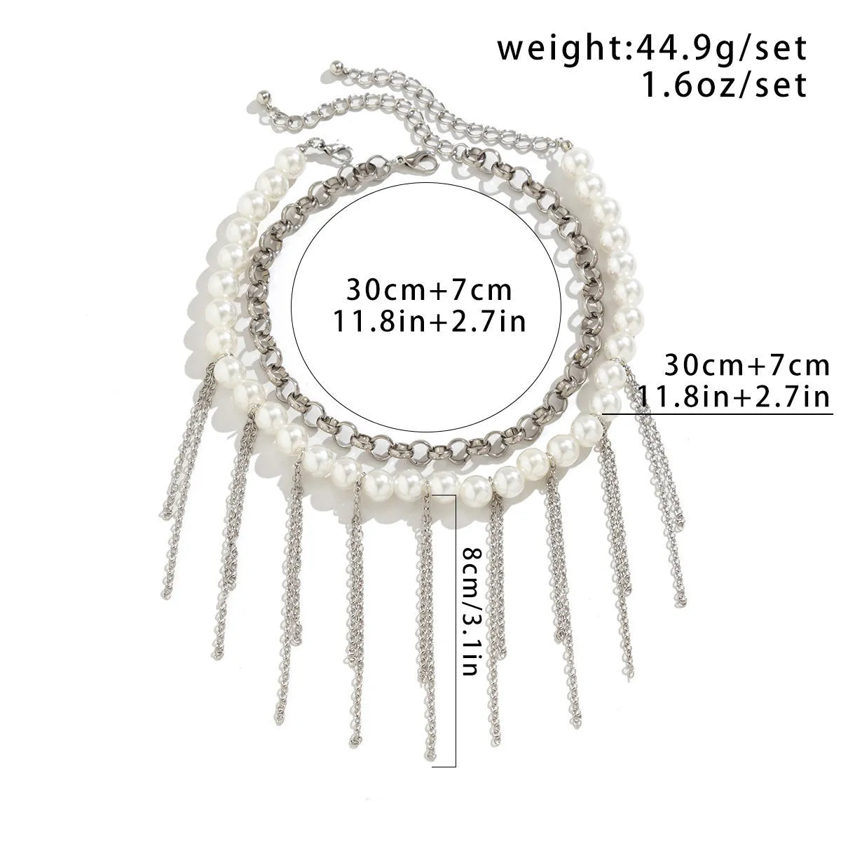 Women's double-layer retro necklace with white K electroplated finish, iron pendant, and imitation pearl tassel design