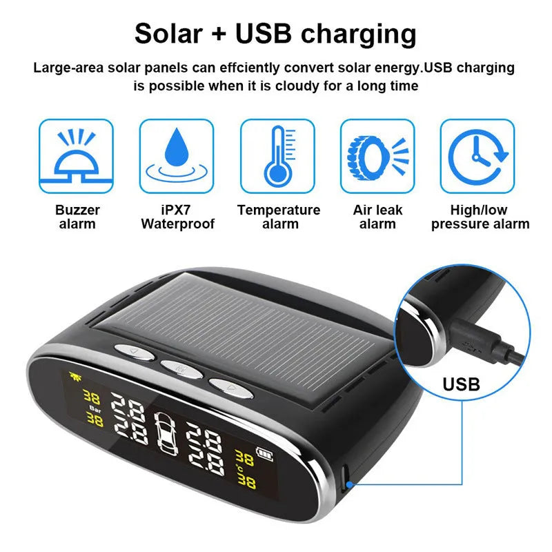 Elliptical display tyre pressure monitor with USB solar charging for cars, ABS sensor