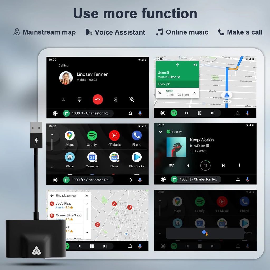Black and white wireless Carplay adaptor for Android phones next to a car steering wheel