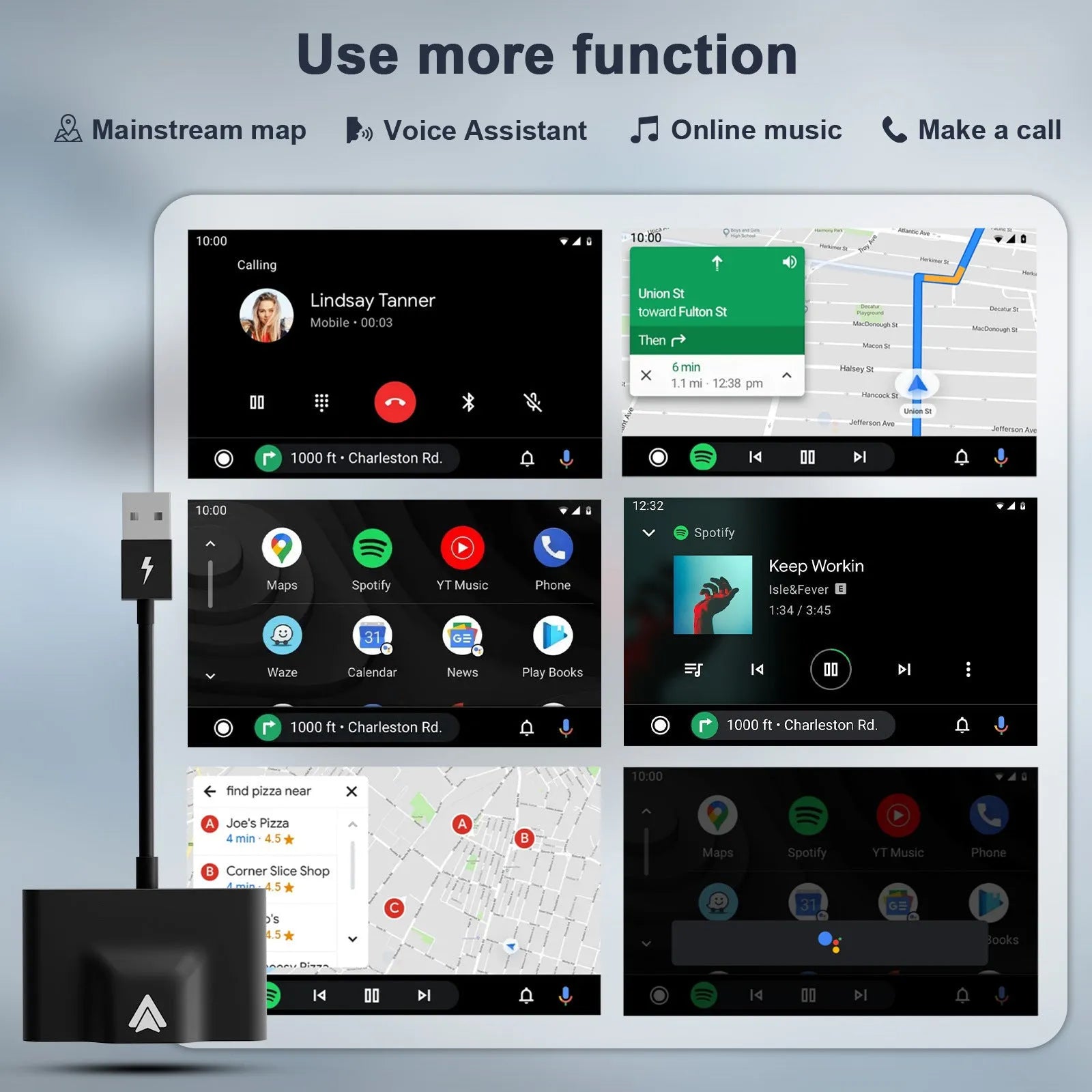 Black and white wireless Carplay adaptor for Android phones next to a car steering wheel