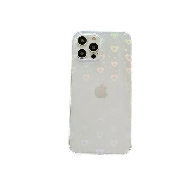 Transparent silicone iPhone case with a colourful laser love heart pattern on a table.