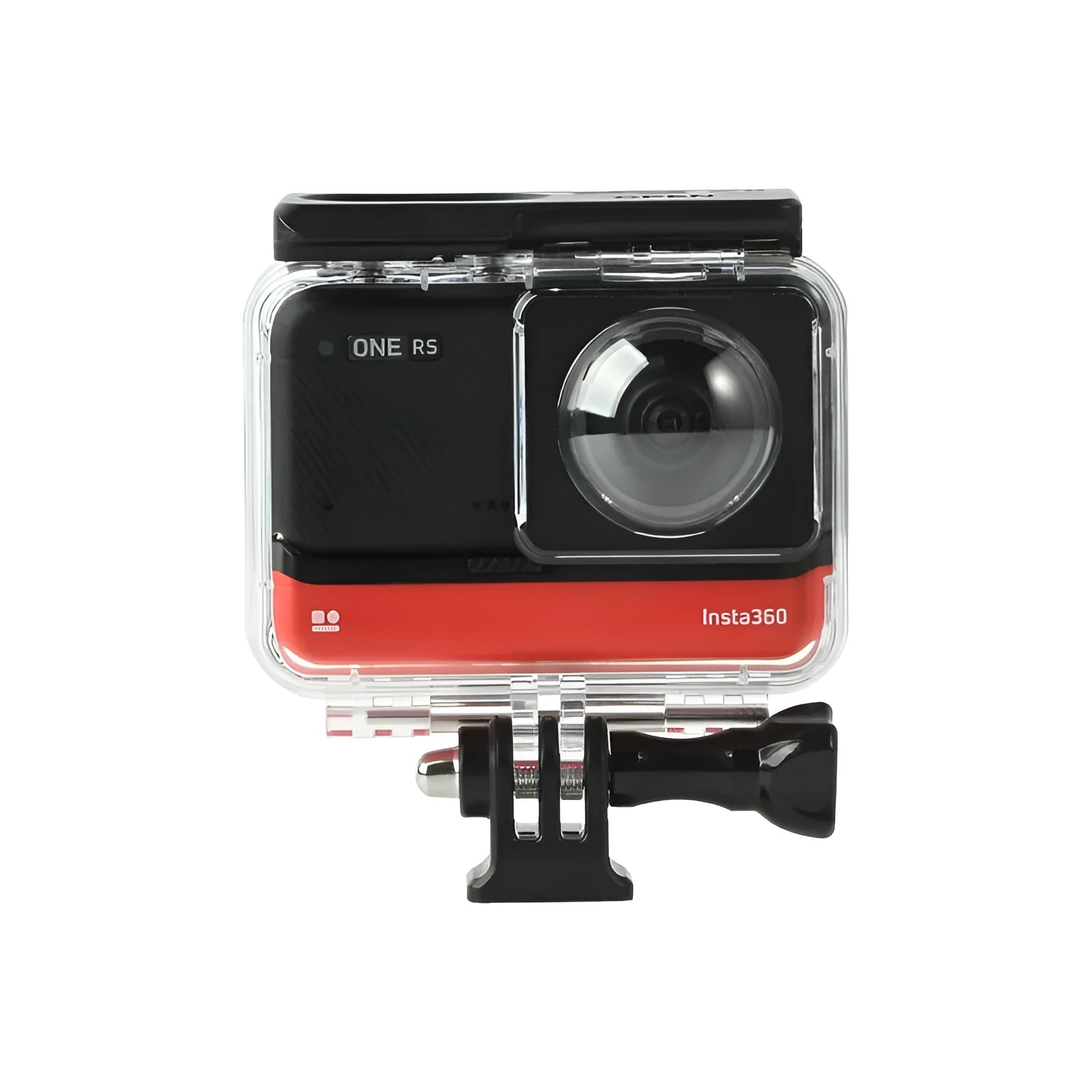 Transparent waterproof case for Insta360 One RS panoramic dual-lens action camera.
