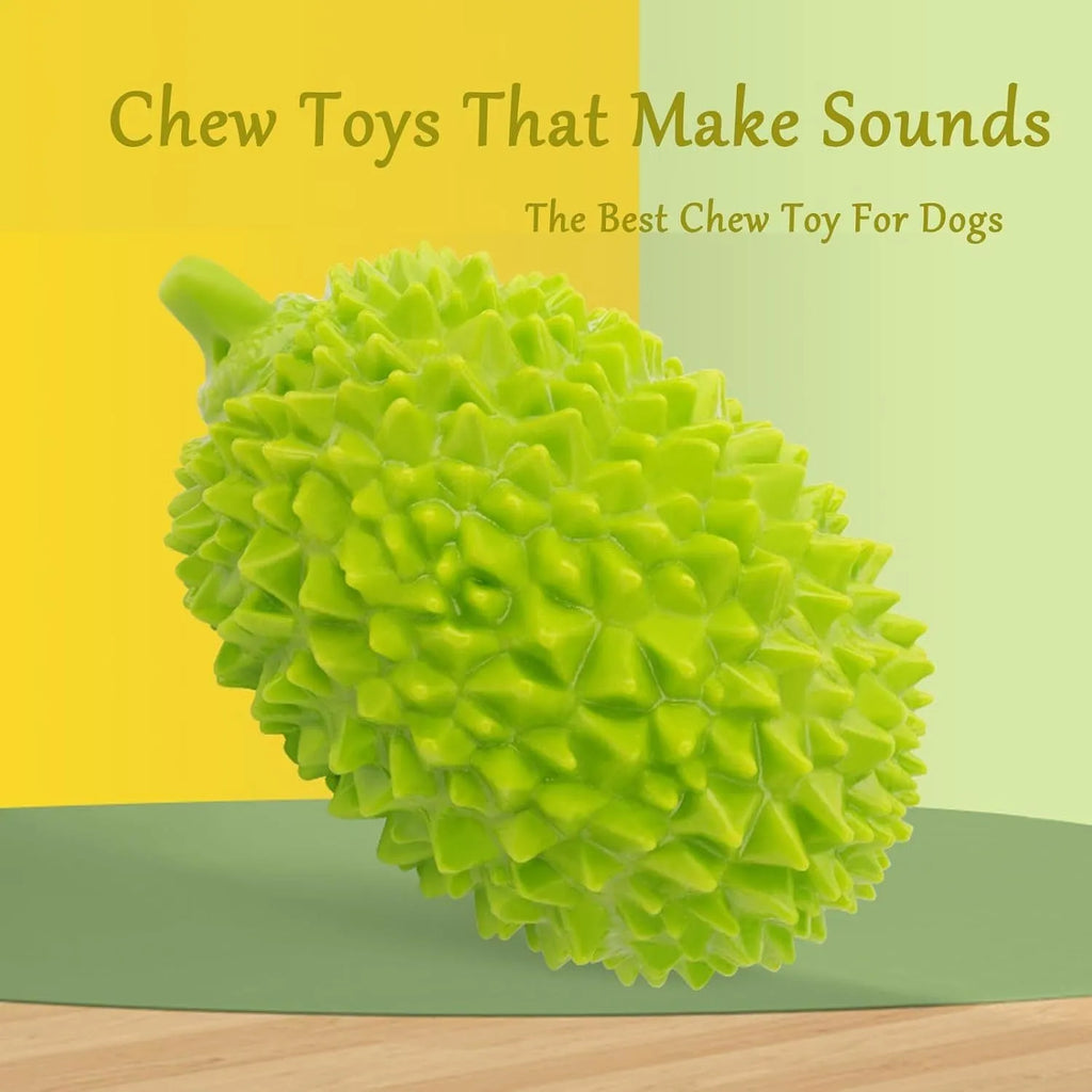 Beige, green, and yellow durian-shaped dog chew toy with textured surface for teeth cleaning
