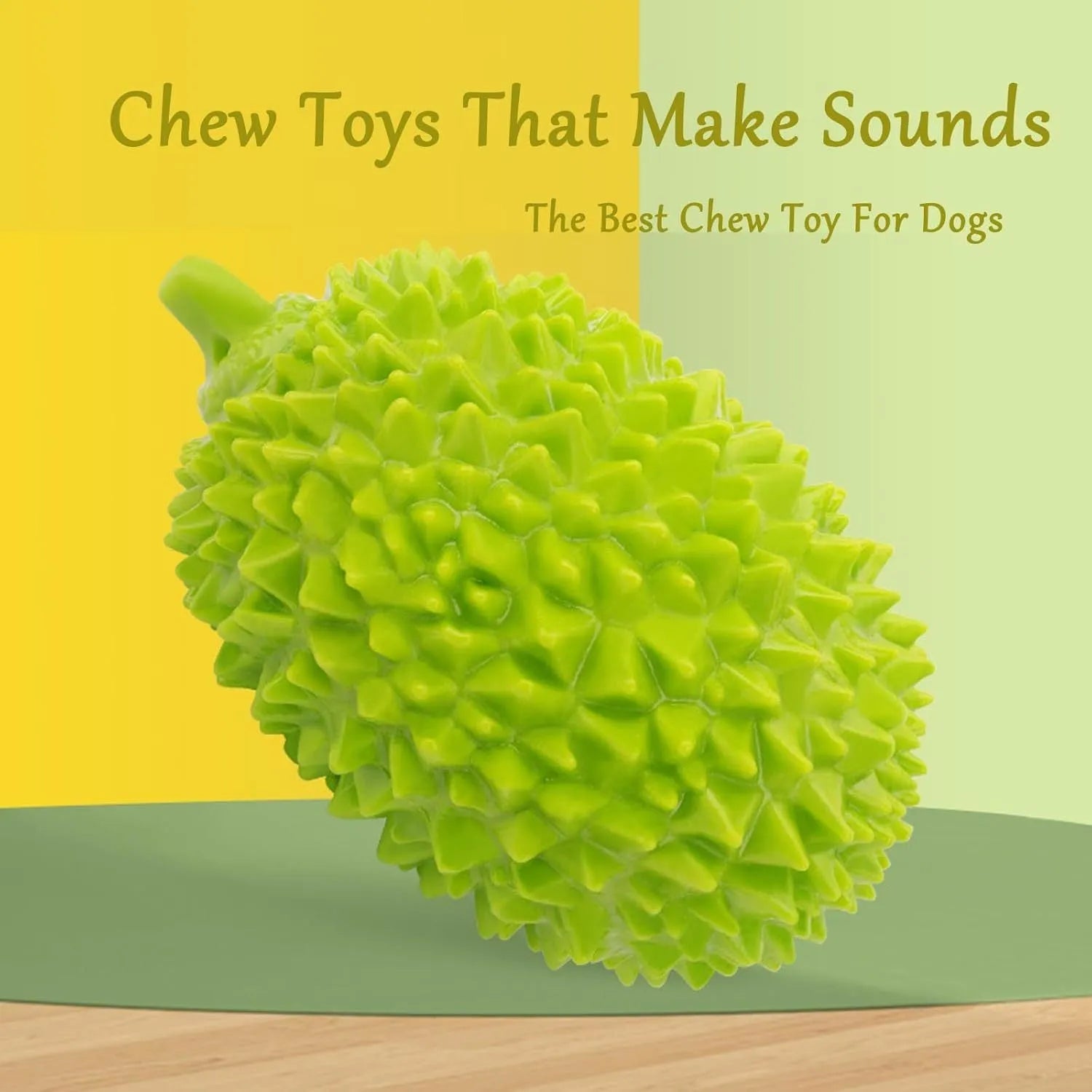 Beige, green, and yellow durian-shaped dog chew toy with textured surface for teeth cleaning