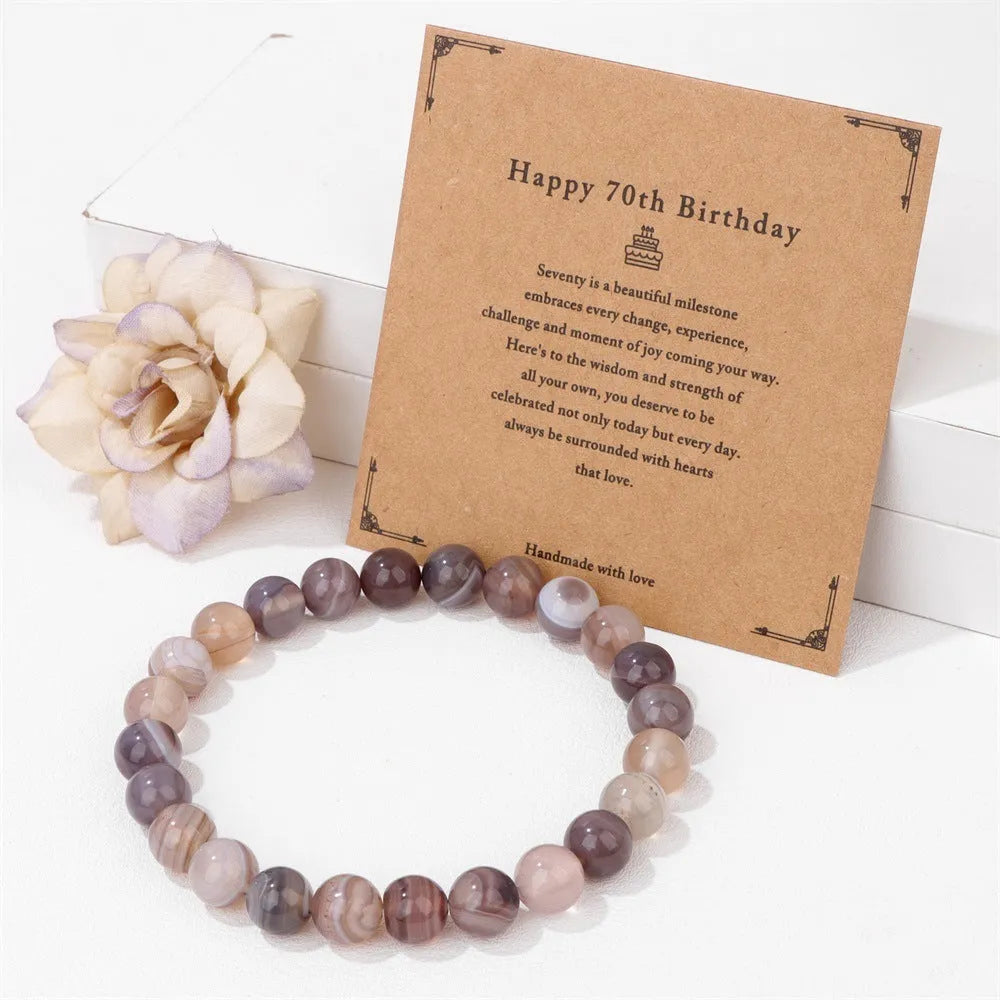 Men's natural stone bead elastic string bracelet in geometric circle style with birthday card