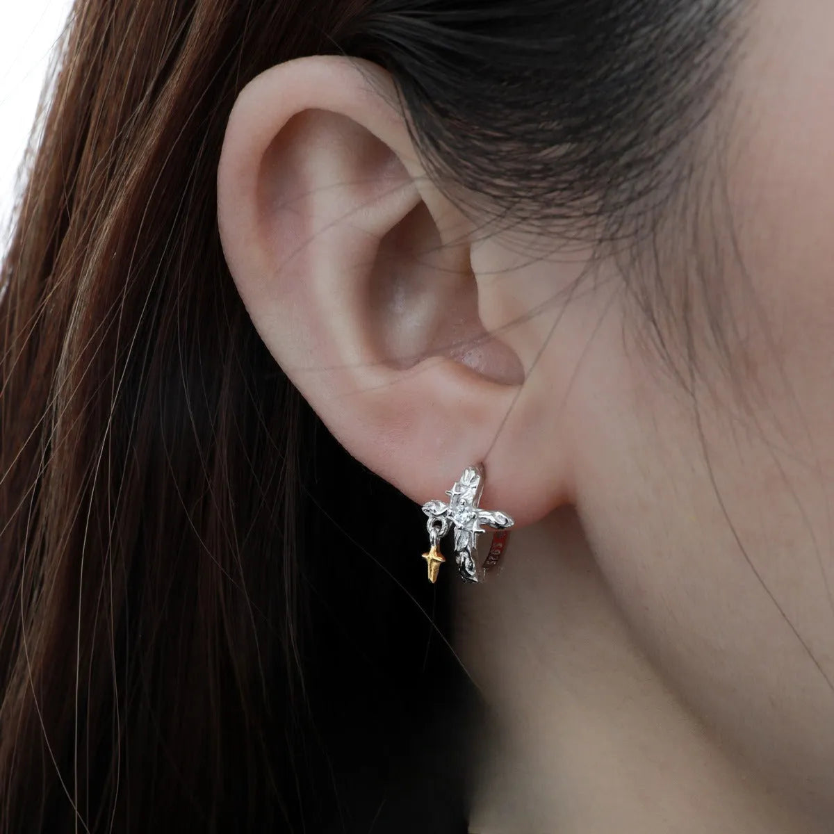 XINGX geometric cross earrings in 925 silver with white gold colour finish