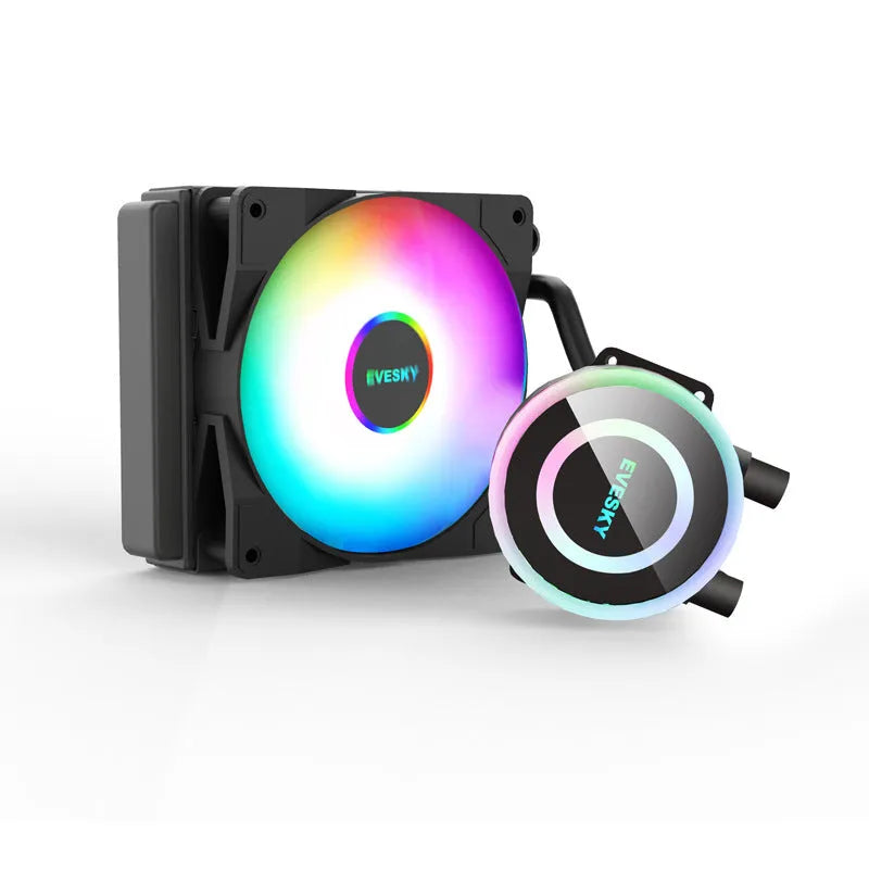 CPU radiator fan with RGB lighting in 120mm, 240mm, and 360mm sizes for gaming PC cooling