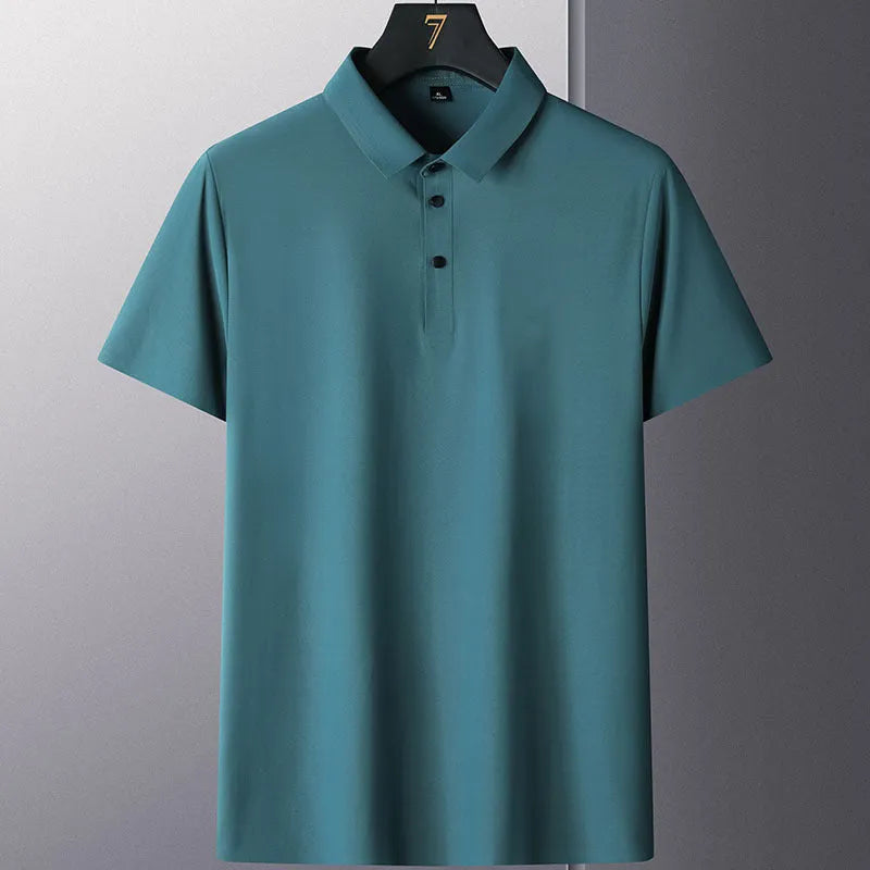 Men's solid colour non-ironing short sleeve business casual shirt on a hanger.