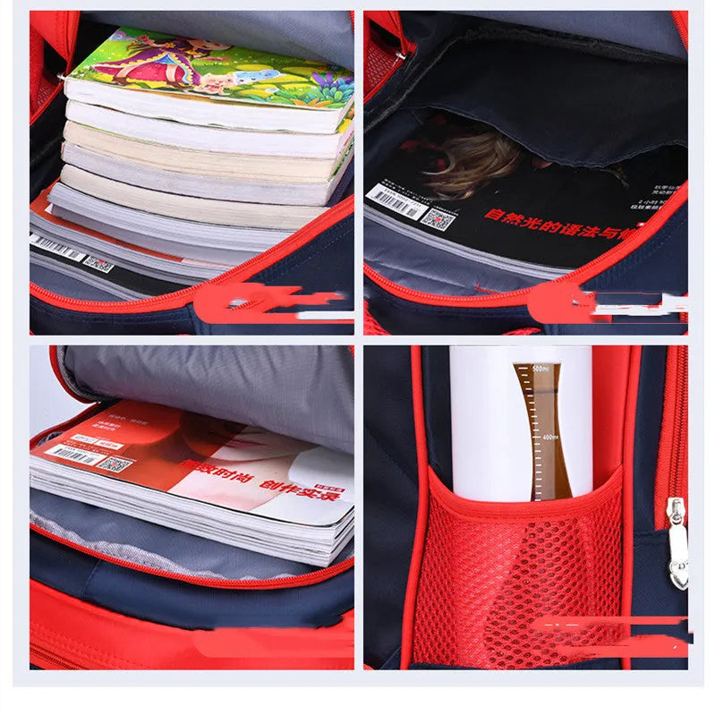 Blue children's cartoon backpack with load-reducing straps and a pencil case attached.