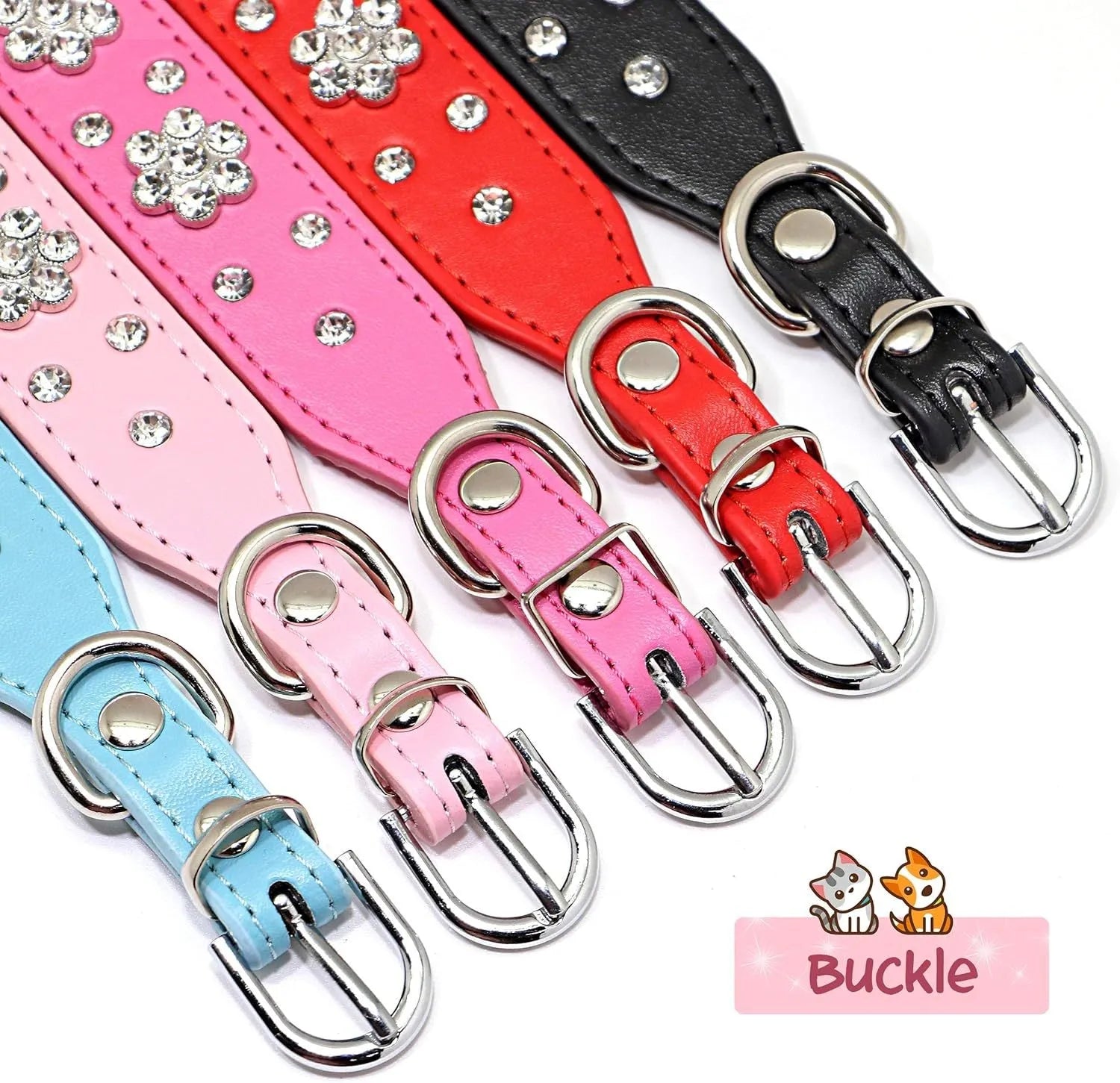 Close-up of a black PU leather dog collar with sparkling rhinestone flower studs and a metal D-ring